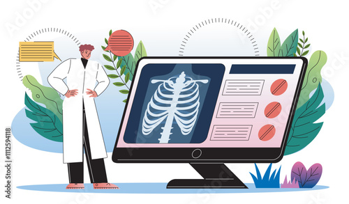 Radiologist near Xray. Man in medical uniform near computer with chest x ray. Pulmonologist at workplace. Healthcare and medicine. Diagnosis and treatment. Flat vector illustration