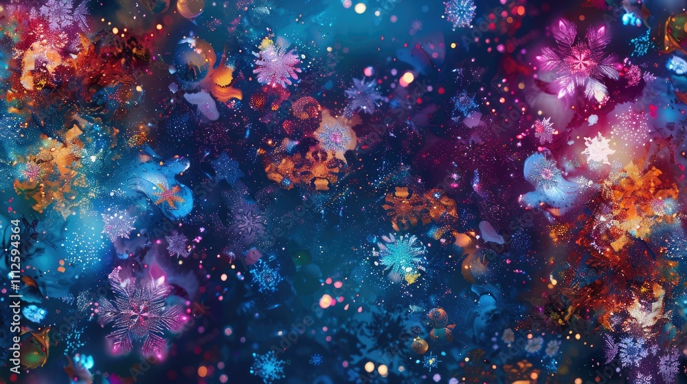 A digital art illustration of colorful snowflakes on a dark blue background A digital art illustration of colorful snowflakes on a dark blue background