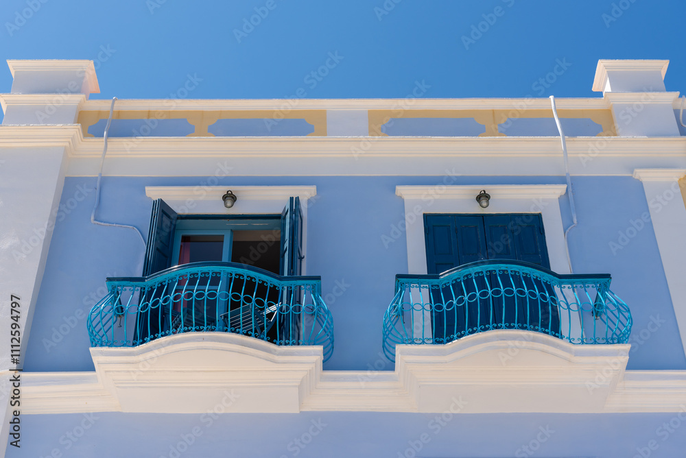 Colorful facade of the Greek building on Symi island. Greece