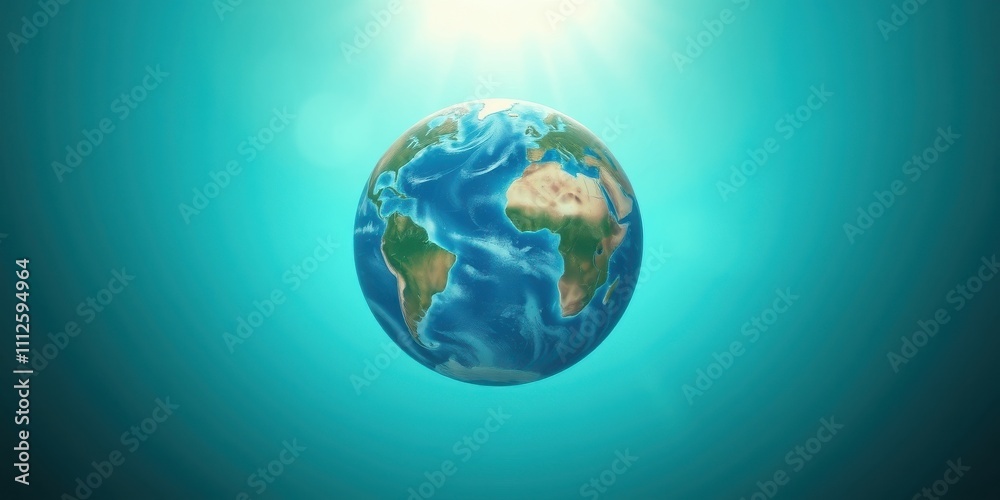A 3D rendering of a detailed earth globe floating in a turquoise blue background, illuminated by a bright light above A 3D rendering of a detailed earth globe floating in a turquoise blue background, illuminated by a bright light above
