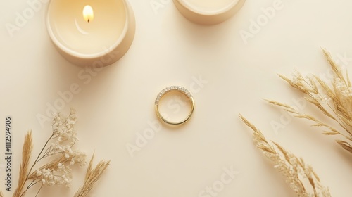 Delicate gold ring with sparkling stones surrounded by soft candlelight and natural elements, perfect for wedding or engagement lifestyle imagery