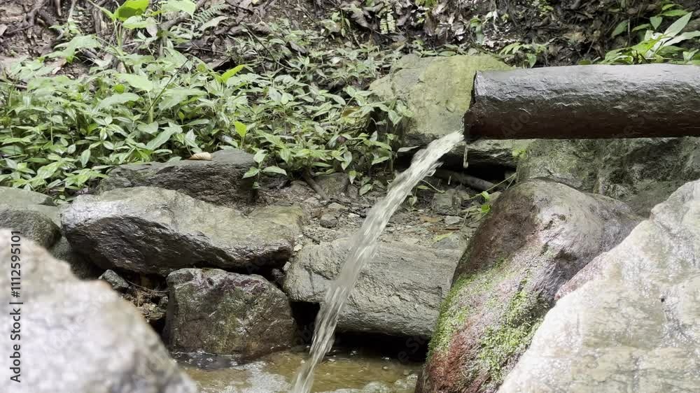 Crystal-clear Water Flowing from a Rustic Pipe in a Natural Setting Crystal-clear Water Flowing from a Rustic Pipe in a Natural Setting