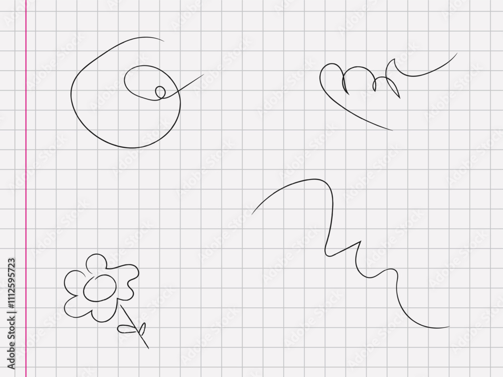 Ruled paper sheet with curly doodles and scribbles. Ruled paper sheet with curly doodles and scribbles.