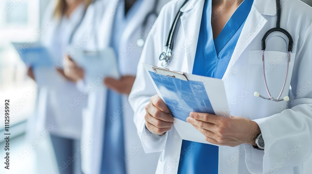 A conceptual image of male and female doctors holding holographic patient charts A conceptual image of male and female doctors holding holographic patient charts