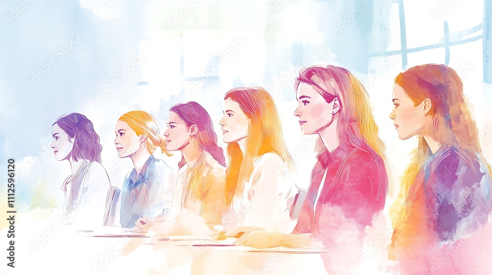 Watercolor Illustration: Seven Women in Profile, Modern Office Setting. AI Generated Watercolor Illustration: Seven Women in Profile, Modern Office Setting. AI Generated