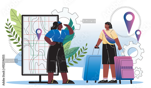 People prepare to travel. Woman with suitcases near map on smartphone screen. Travelers and tourists planning route. Navigation and gps. Flat vector illustration