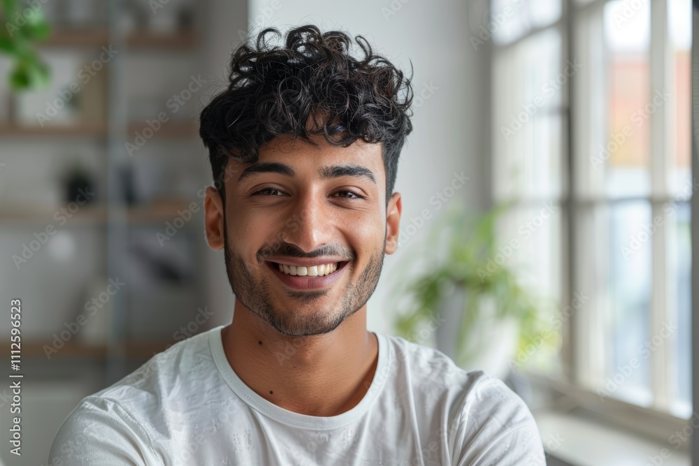 Portrait of a glad indian man in his 20s donning a trendy cropped top in modern minimalist interior Portrait of a glad indian man in his 20s donning a trendy cropped top in modern minimalist interior