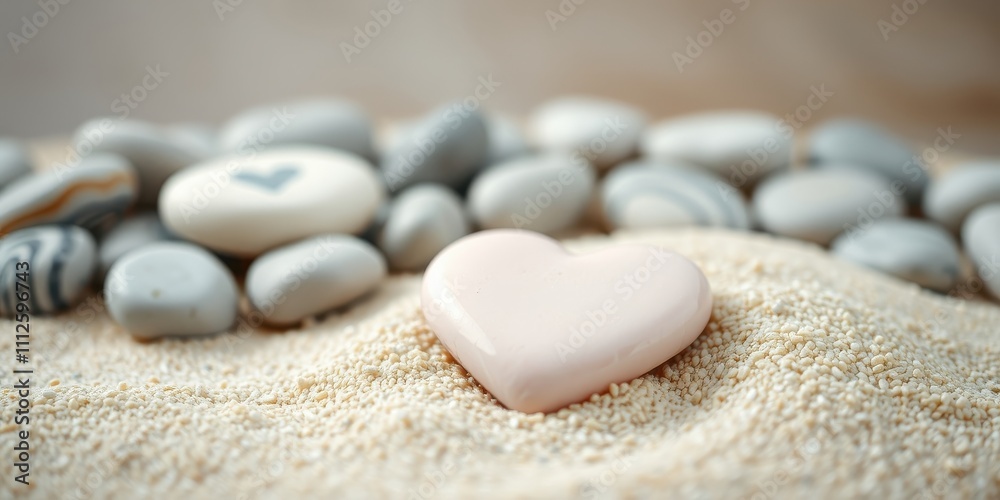 A Delicate Pink Heart Shaped Stone Nestled Among Smooth Gray Stones on a Bed of Fine Sand A Delicate Pink Heart Shaped Stone Nestled Among Smooth Gray Stones on a Bed of Fine Sand