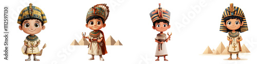 Four cartoon characters dressed in ancient Egyptian attire, featuring distinct headdresses and accessories, against a neutral backdrop.