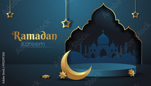 Ramadan kareem podium. Crescent, lantern and stars near mosque silhouette. Islamic traditional holiday. Arabic traditions and religion. Advertising and marketing. Realistic vector illustration