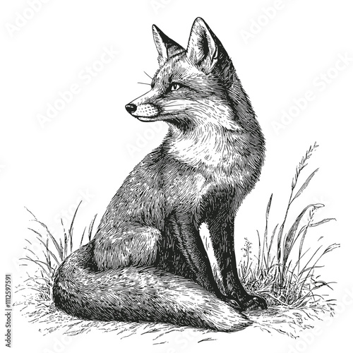 Sitting Fox Detailed Vintage Engraving Illustration on White Background with Intricate Texture Classic Wildlife Art Antique Style Majestic Animal Graphic Vintage Nature Design