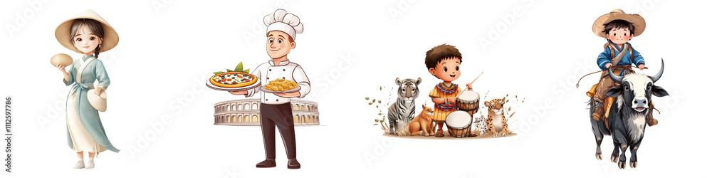 Four character illustrations: a girl with ice cream, a chef with pastries, a boy with animals, and a cowboy on a horse. Four character illustrations: a girl with ice cream, a chef with pastries, a boy with animals, and a cowboy on a horse.