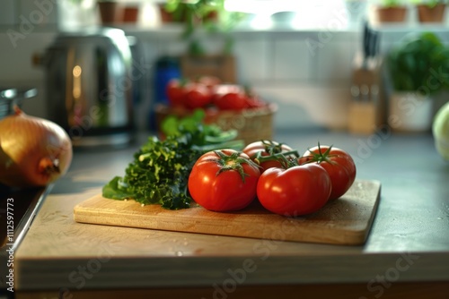 A cutting board with fresh tomatoes and lettuce for preparing a healthy meal