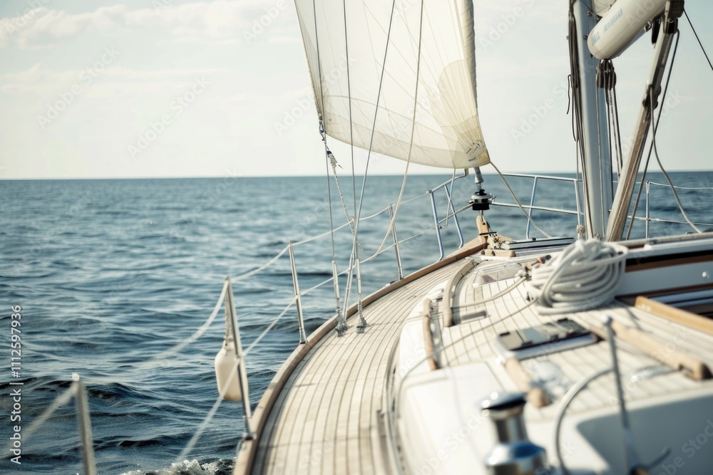A sailboat gliding through calm waters of the open ocean, great for travel or adventure themes A sailboat gliding through calm waters of the open ocean, great for travel or adventure themes