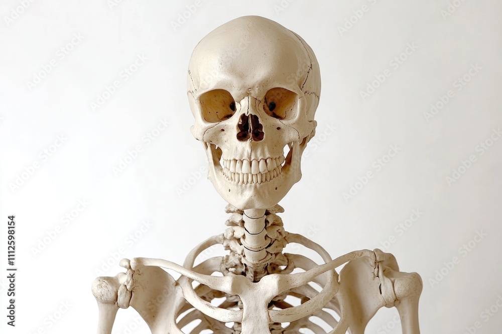 A detailed illustration of a human skeleton on a clean white surface A detailed illustration of a human skeleton on a clean white surface