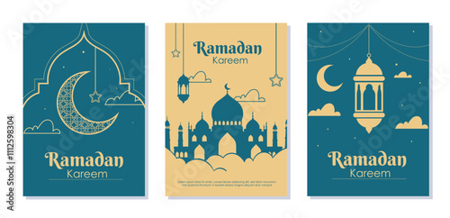 Ramadan kareem posters set. Crescent, lantern and stars, mosque silhouette. Islamic holiday and festival. Arabic religion and culture. Flyers and booklets. Flat vector collection