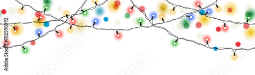 Vector set of realistic glowing colorful christmas lights in seamless pattern isolated on white background
