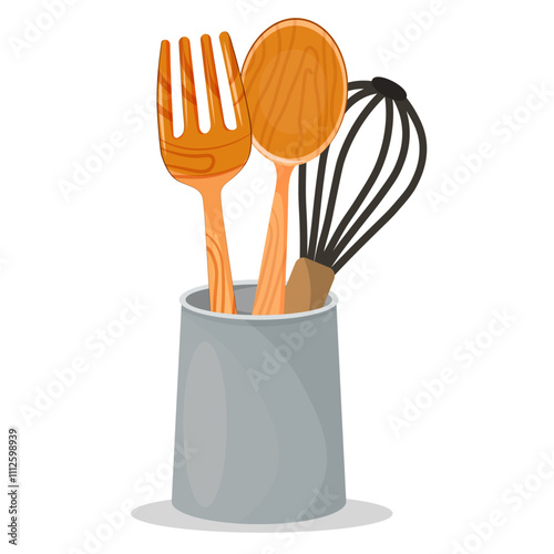Kitchen utensils wooden spoon and fork in a glass vector