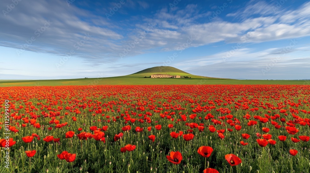 Vibrant summer fields of Tuscany bloom with poppies against a serene blue sky Vibrant summer fields of Tuscany bloom with poppies against a serene blue sky