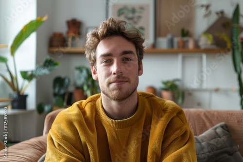 Portrait of a content man in his 20s dressed in a comfy fleece pullover while standing against modern minimalist interior