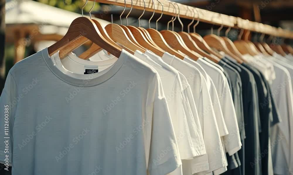 White Crew Neck T-shirts Hanging on Wooden Hangers Outdoors