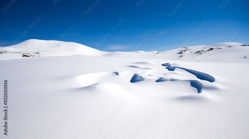 Snow covered mountain landscape with blue shaded hollows Snow covered mountain landscape with blue shaded hollows