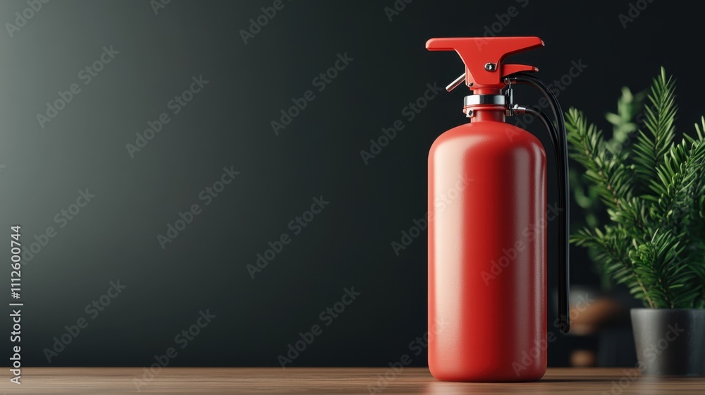 Bright Red Fire Extinguisher on Wooden Table Next to Green Plant Against Dark Background, Symbolizing Safety and Preparedness in Modern Interior Design Bright Red Fire Extinguisher on Wooden Table Next to Green Plant Against Dark Background, Symbolizing Safety and Preparedness in Modern Interior Design