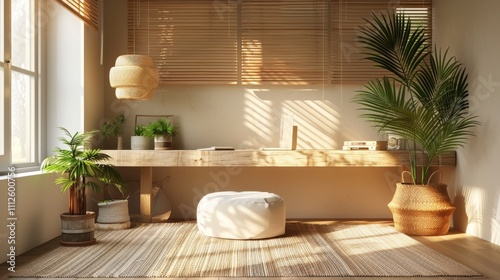 Serene Workspace with Natural Elements and Soothing Tones for Productivity and Peace