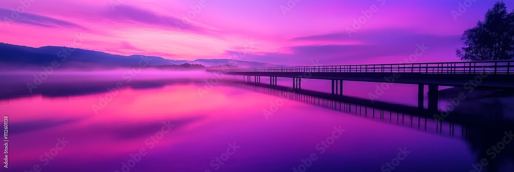 Fototapeta premium A scenic view of a bridge over a tranquil lake illuminated by beautiful pink dawn light.
