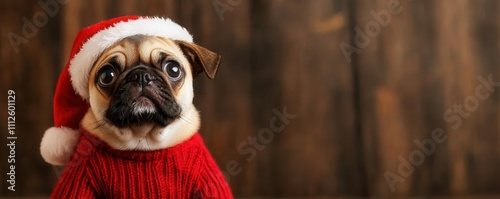 A cute pug wearing a Santa hat and red sweater, set against a rustic wooden background, perfect for holiday-themed content. photo