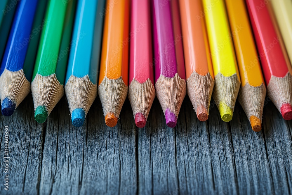 A vibrant collection of colored pencils on a rustic surface.