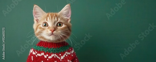 A cute ginger cat in a festive sweater poses against a green background, exuding holiday cheer and charm.