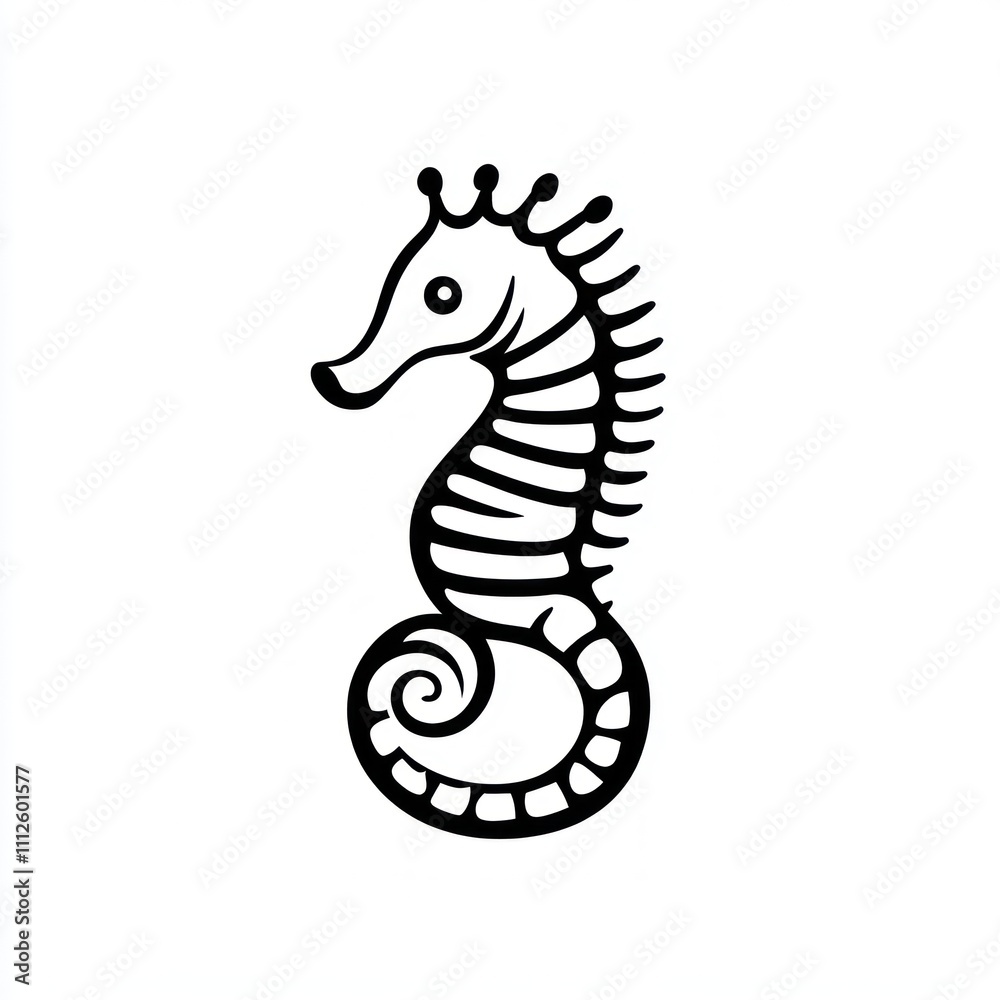 Fototapeta premium Stylized seahorse illustration, black and white line art.