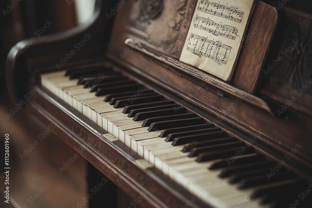 An intricate close-up view of an antique wooden piano's keys. An intricate close-up view of an antique wooden piano's keys.