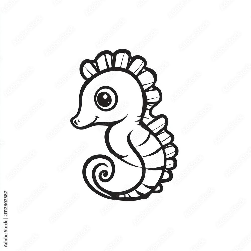 Fototapeta premium Adorable cartoon seahorse illustration, black and white line art. (1)