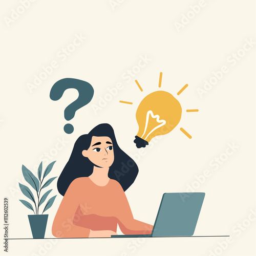 illustration of a thoughtful woman sitting at a desk with a laptop, surrounded by a question mark and a glowing light bulb, symbolizing problem-solving, ideas, and creativity