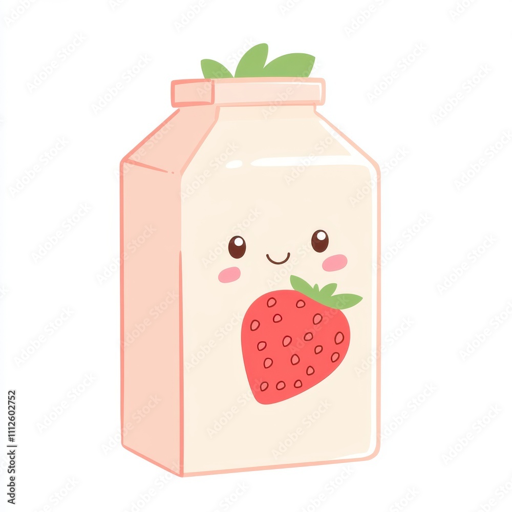Cute cartoon milk carton with a smiling face and a strawberry design, perfect for children's products and food illustrations. Cute cartoon milk carton with a smiling face and a strawberry design, perfect for children's products and food illustrations.
