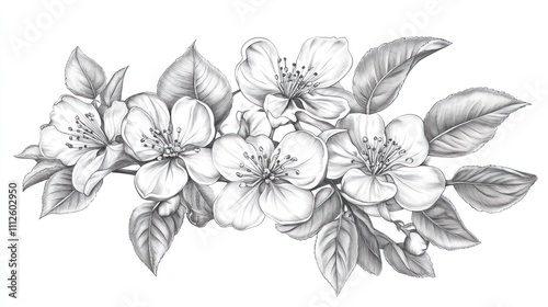 Pencil Sketch of a Delicate Branch of Blossoming Flowers