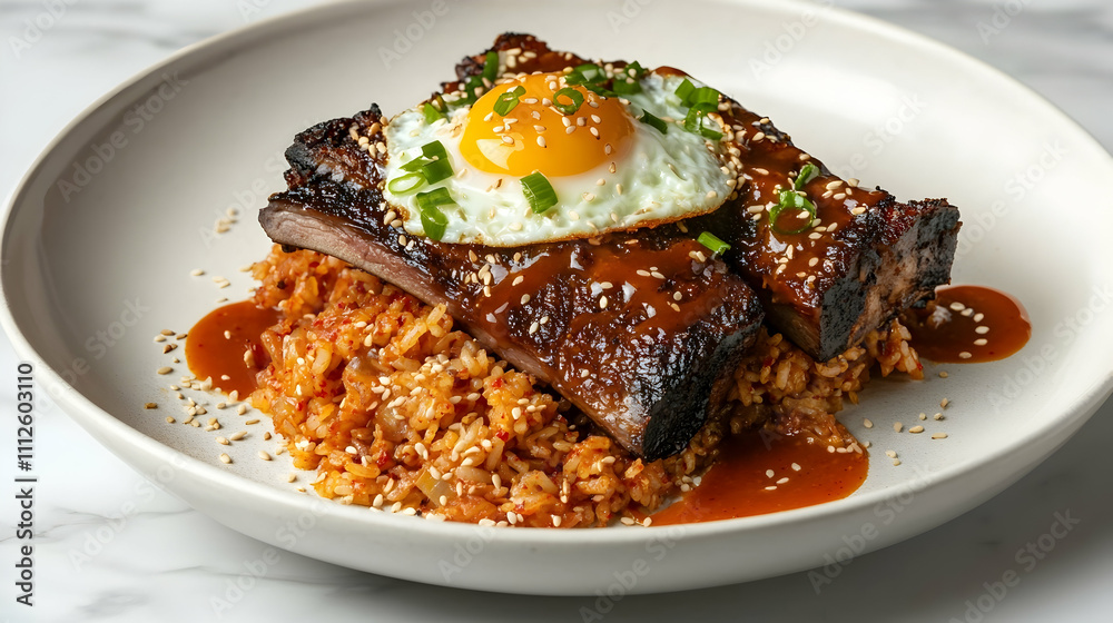 Korean Style Short Ribs with Kimchi Fried Rice and Soft Egg, Asian Main Course Photography Korean Style Short Ribs with Kimchi Fried Rice and Soft Egg, Asian Main Course Photography