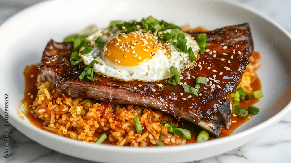 Korean Style Short Ribs with Kimchi Fried Rice and Soft Egg, Asian Main Course Photography Korean Style Short Ribs with Kimchi Fried Rice and Soft Egg, Asian Main Course Photography