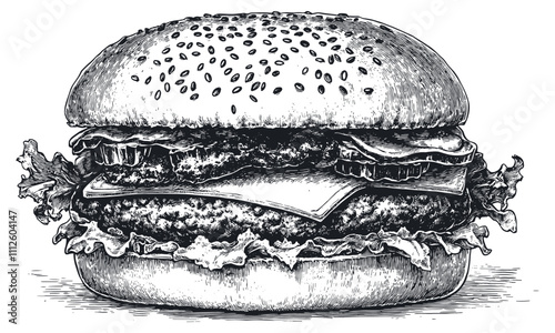 Tasty Burger Detailed Vintage Engraving Illustration on White Background with Intricate Texture Classic Fast Food Art Antique Style Juicy Patty Graphic Vintage Culinary Design