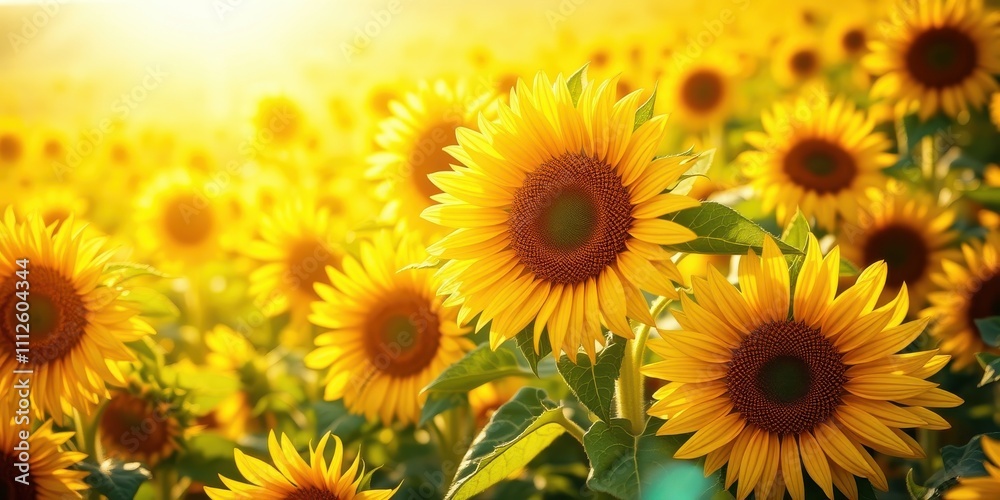 Fototapeta premium A field of sunflowers bathed in the golden glow of a summer sunset, their bright yellow petals reaching towards the sky