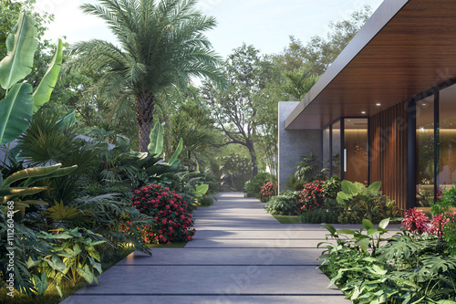 Fototapeta Naklejka Na Ścianę i Meble -  The backyard garden concrete walkway of modern loft style house is a tropical style lush forest garden 3d render illustration.