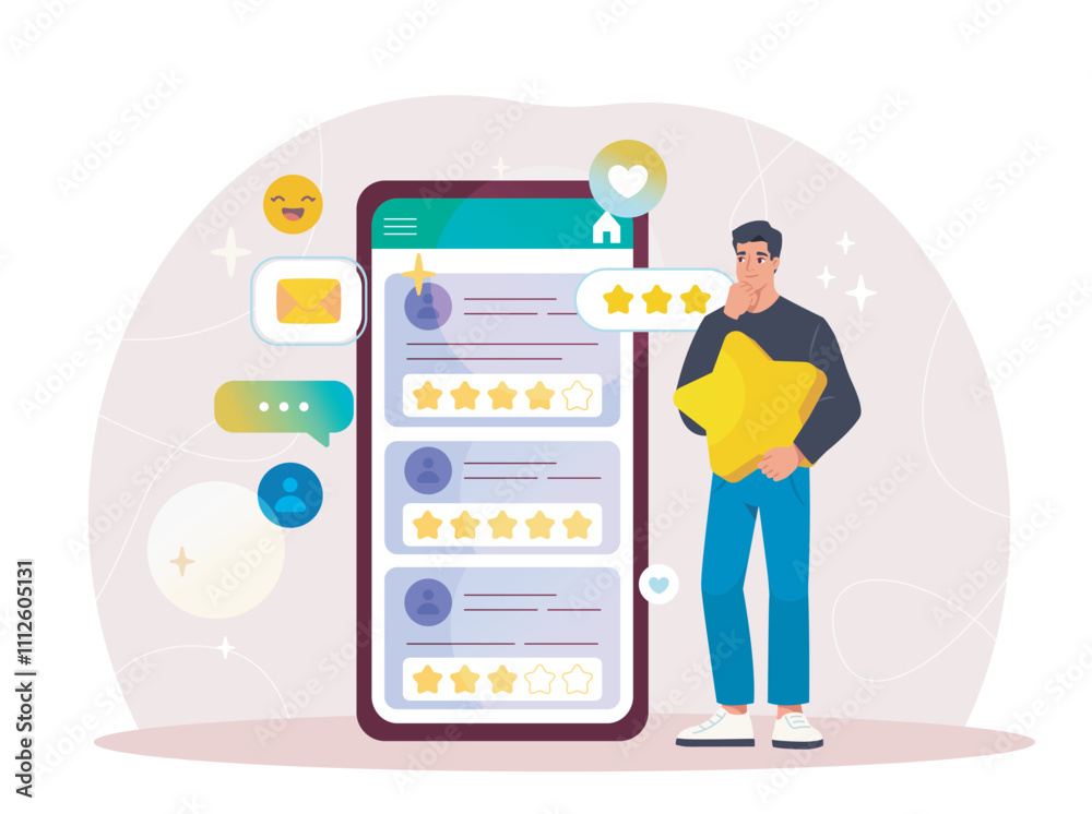 Man leaves feedback. Young guy with star in his hands near huge smartphone. Ranking and rating. Opinion of users on Internet, online review. Flat vector illustration Man leaves feedback. Young guy with star in his hands near huge smartphone. Ranking and rating. Opinion of users on Internet, online review. Flat vector illustration