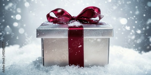 Silver ribboned gift box decorated with Crimson ribbo