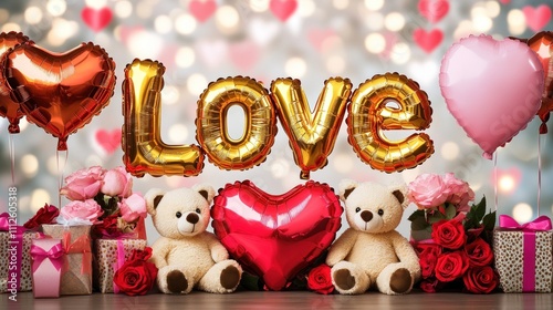 Love-themed display with balloons, bears, and roses.