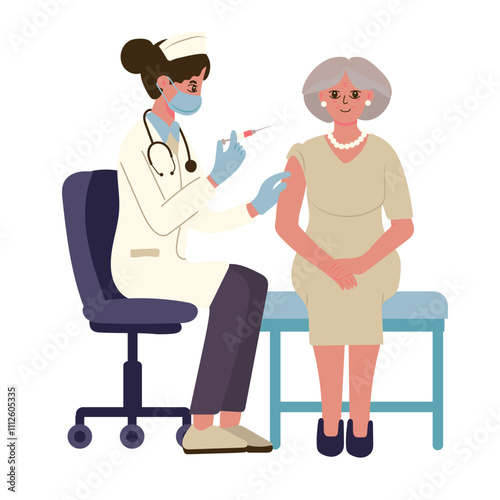 healthcare professional administering a vaccine to an elderly woman. The scene emphasizes health, care, and vaccination efforts.