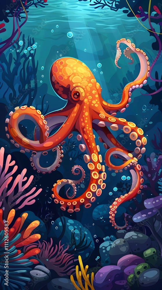 Fototapeta premium Octopus and beautiful underwater scenery, Underwater Scene with Incredible Commotion of an Octopus
