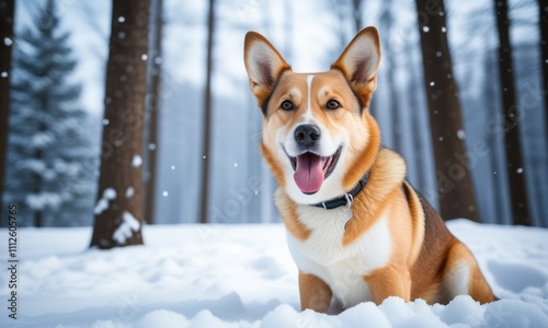 Happy dog enjoying winter wonderland in snowy forest setting