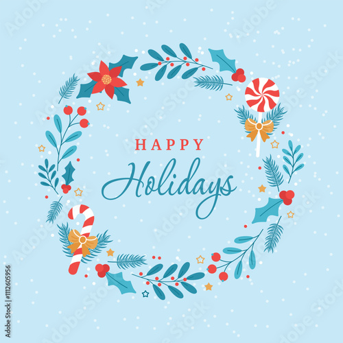 Christmas and New Year card with a wreath made of branches and flowers